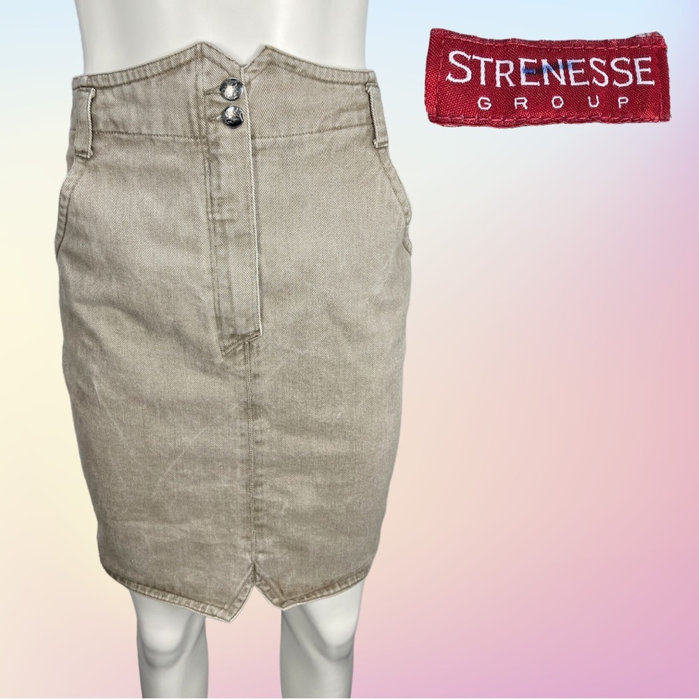 VTG 90’s Light Brown Denim STRENESSE made in Italy high waist Pencil Skirt Sz 38